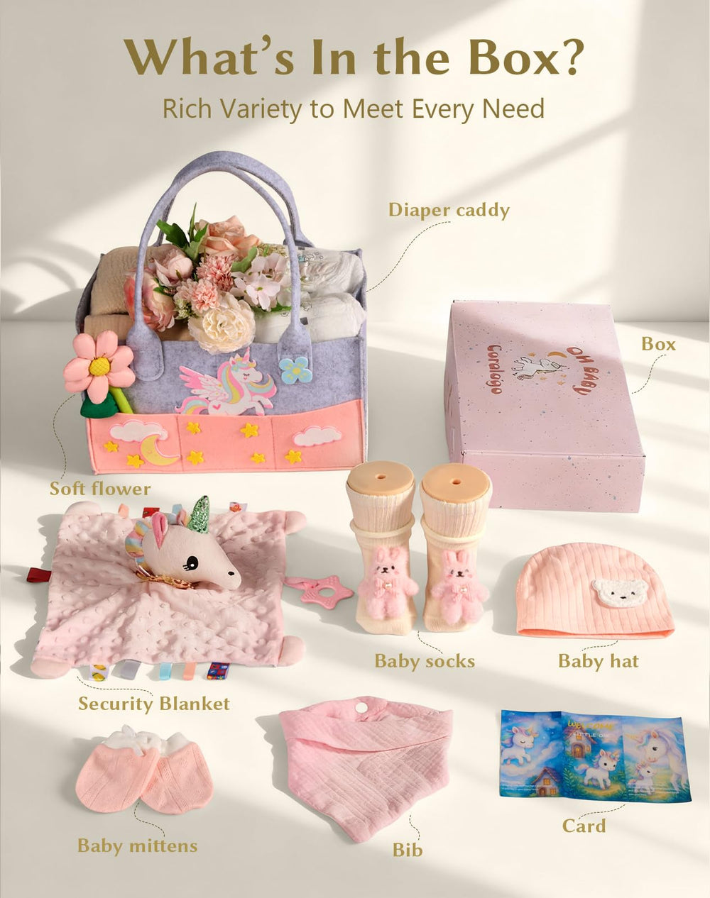 Coralogo lovey blanket included in gift basket for soothing newborn snuggles