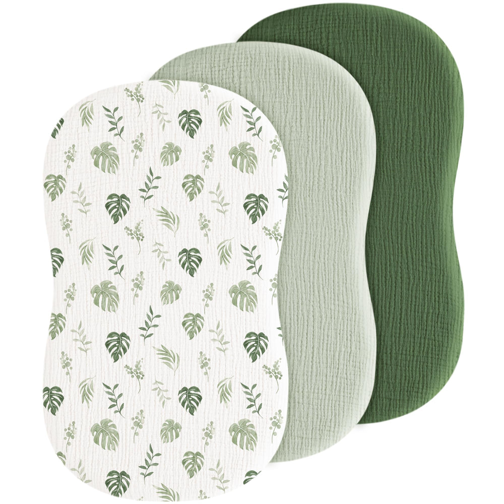 Coreeky baby muslin bassinet sheet leaf green pack—three sheets for easy nursery changes