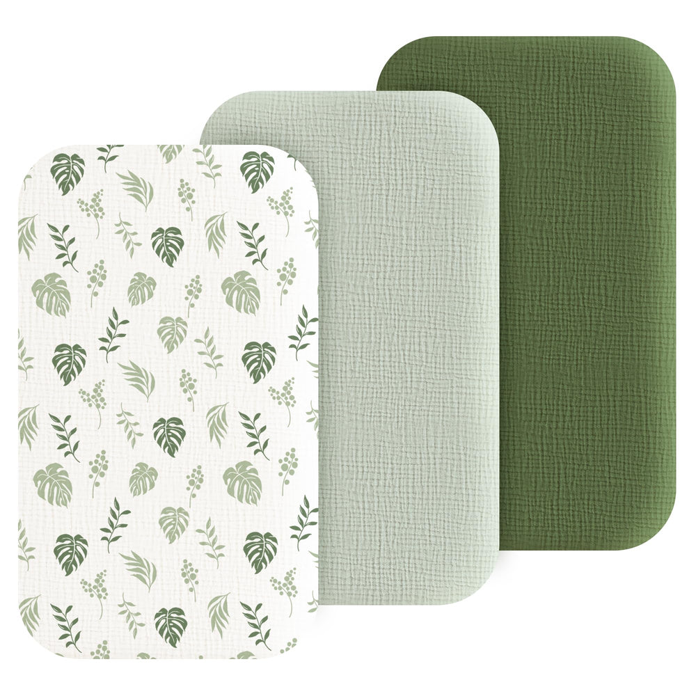 Coreeky muslin bassinet sheets leaf green closeup, soft breathable fabric for cozy sleep