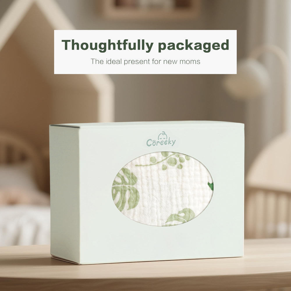 Coreeky muslin sheets leaf green in-use on bedside sleeper for calm nursery