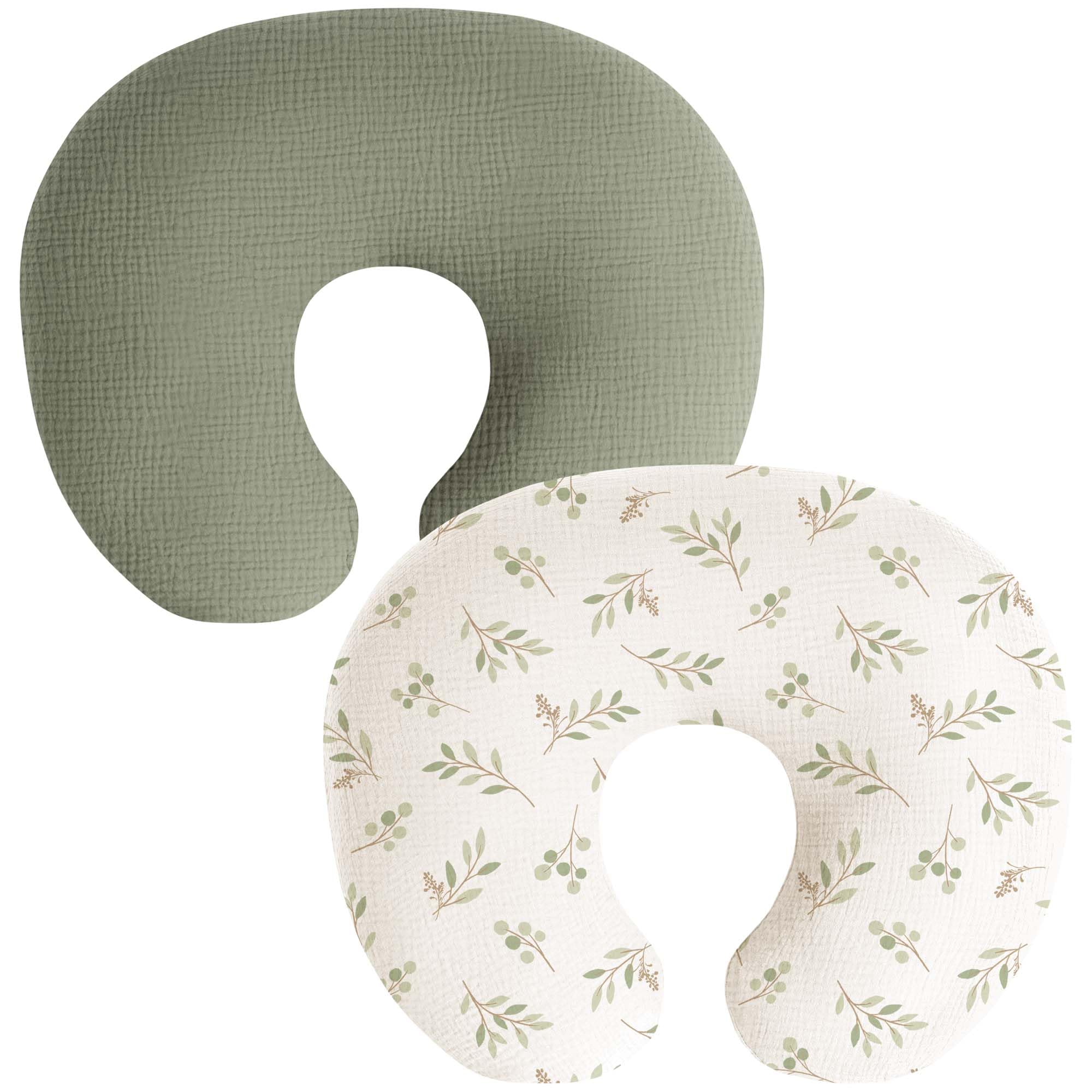 Coreeky muslin nursing pillow cover in twig grayish-green with breathable fabric for comfortable feedings.