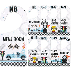 CORNER LACE race car closet dividers front view with age labels for easy sorting