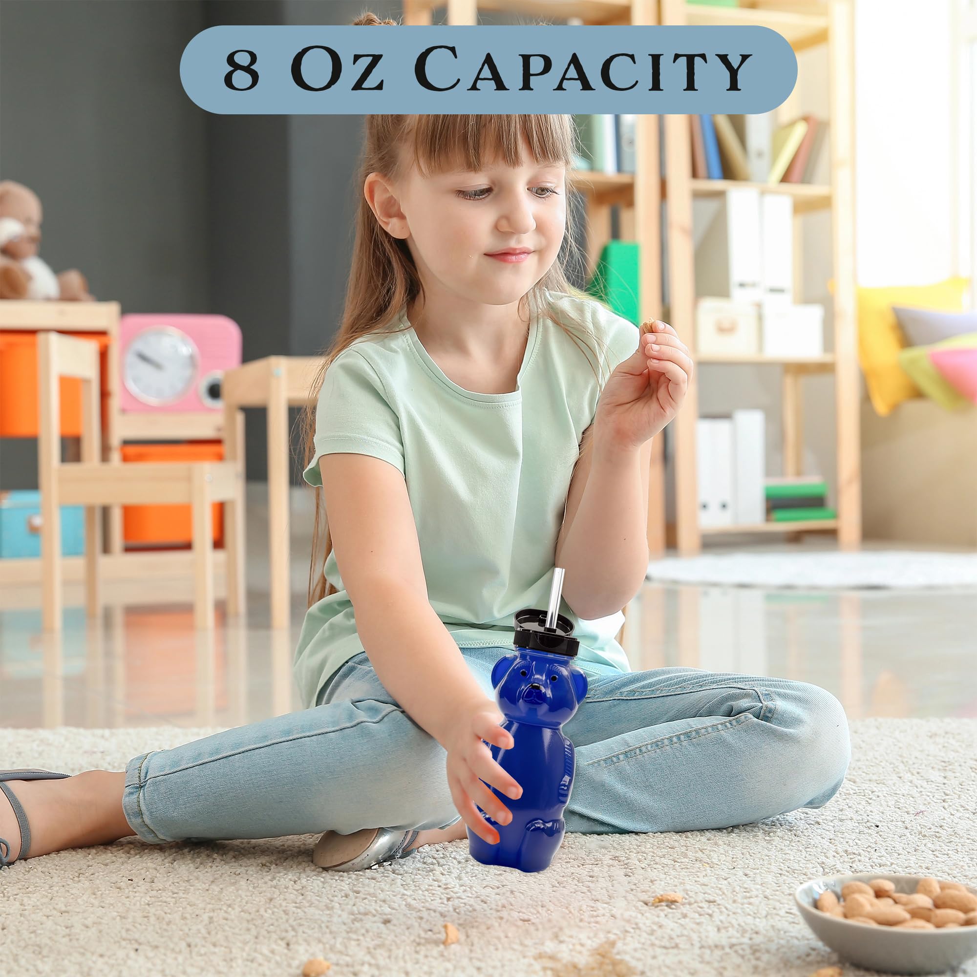 Child using Honey Bear Straw Cup during pretend play for independence