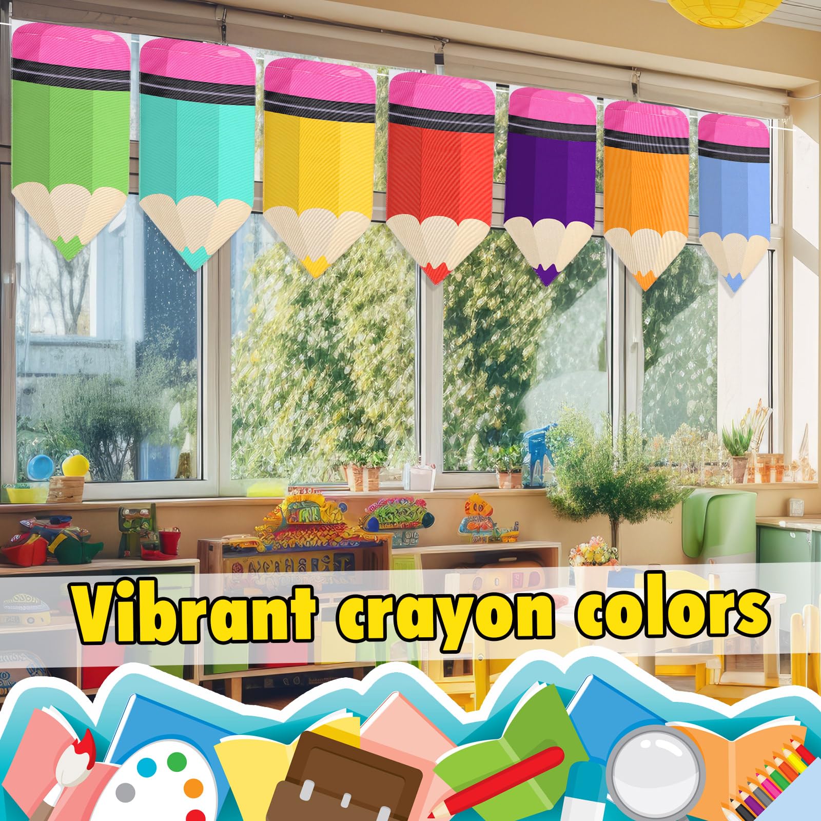 Cosblank rainbow pencil curtains easy installation simplifies classroom setup.