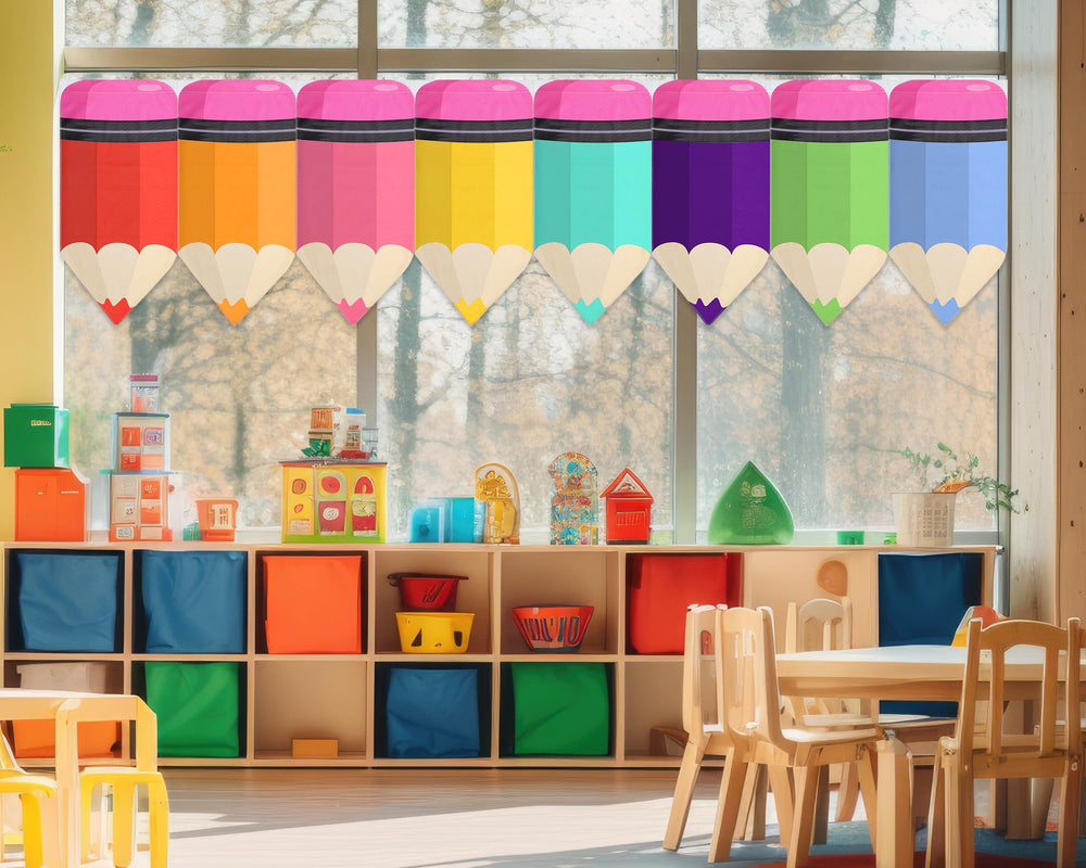 Cosblank rainbow pencil curtains panel setup brightens classrooms for focused learning.