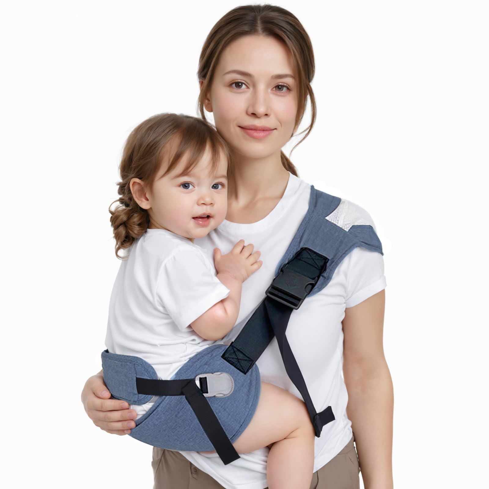 COSDIG Baby Carrier blue worn by parent enabling hands-free errands.