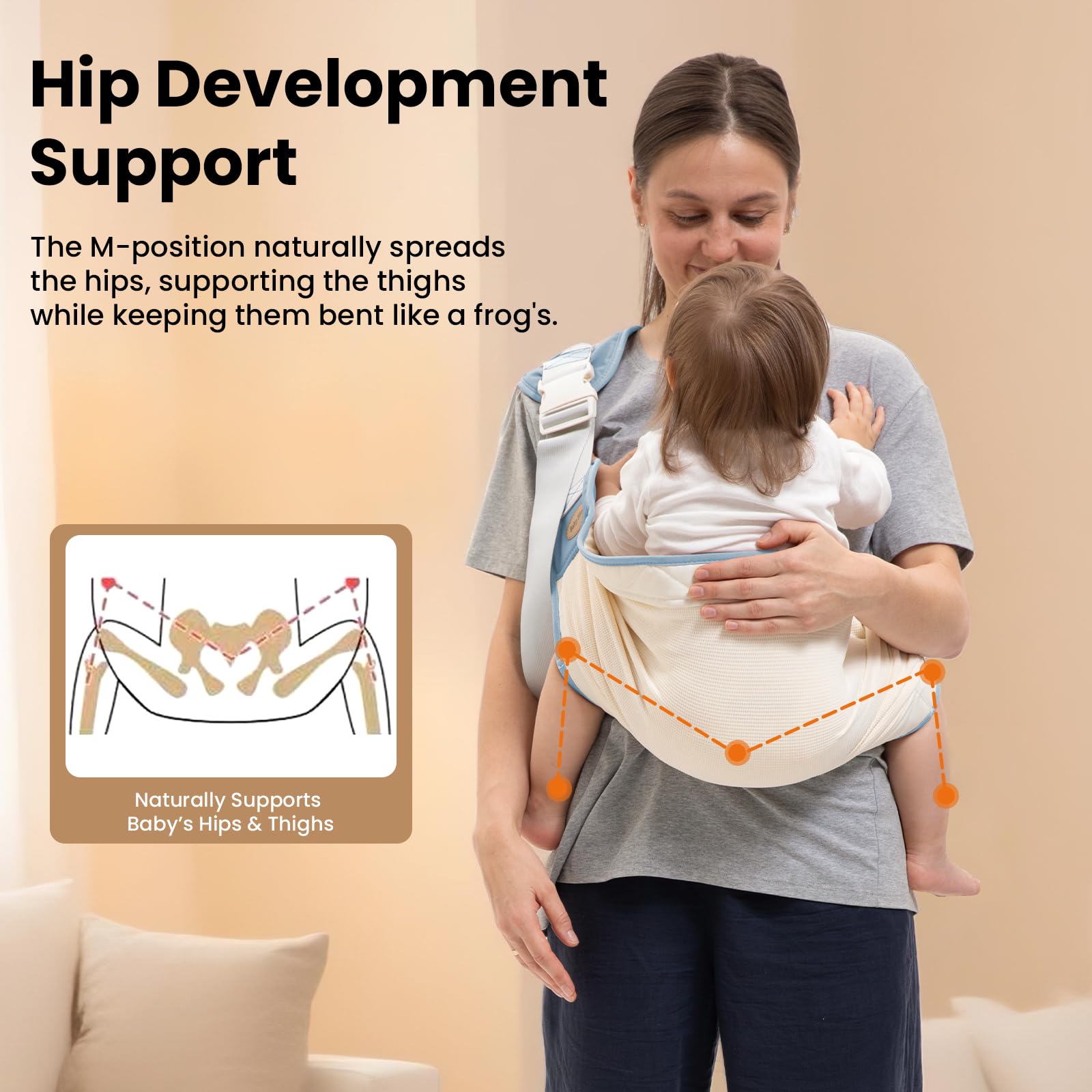 COSDIG ergonomic M-seat provides hip-friendly support from newborn to toddler.