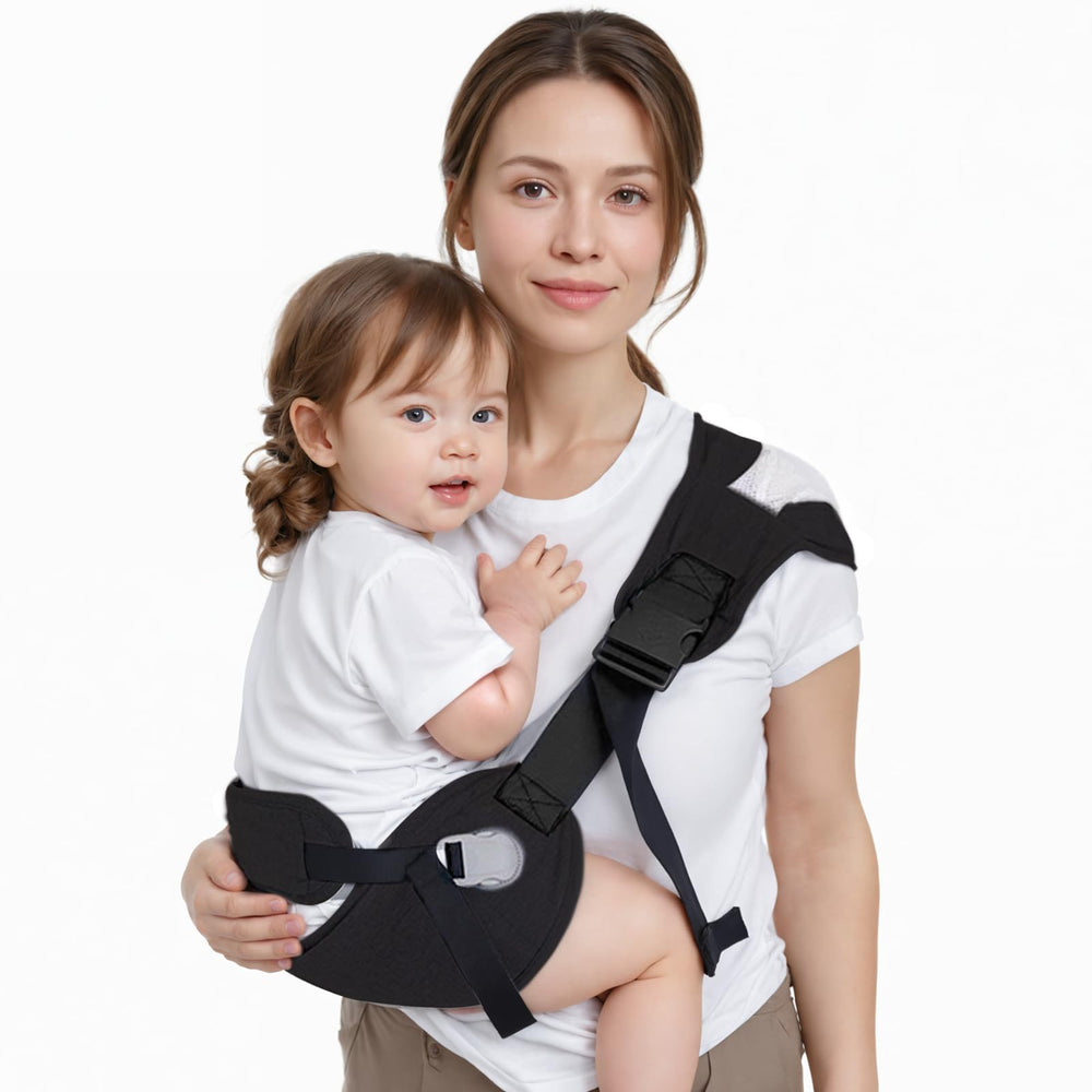 COSDIG Baby Carrier front view in black shows durable fabric for daily use and long wear.
