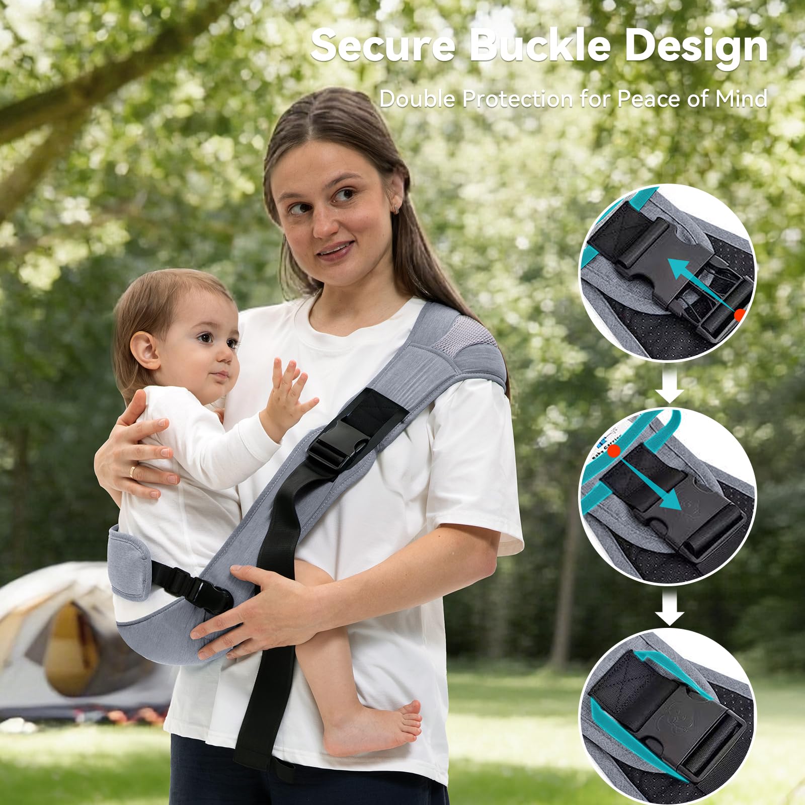 COSDIG baby carrier gray anti-tilt seat supports baby's stability during movement.