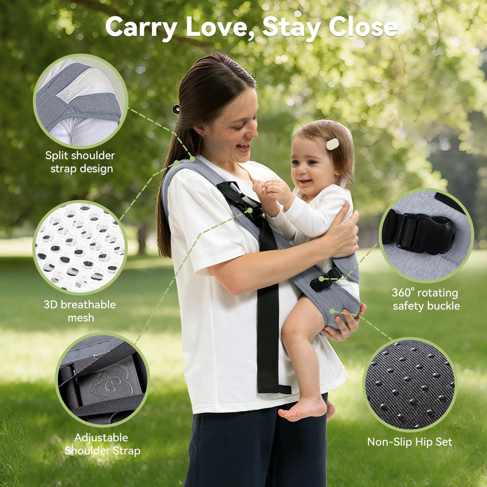 COSDIG baby carrier gray breathable mesh promotes airflow for cooler, comfortable wear.