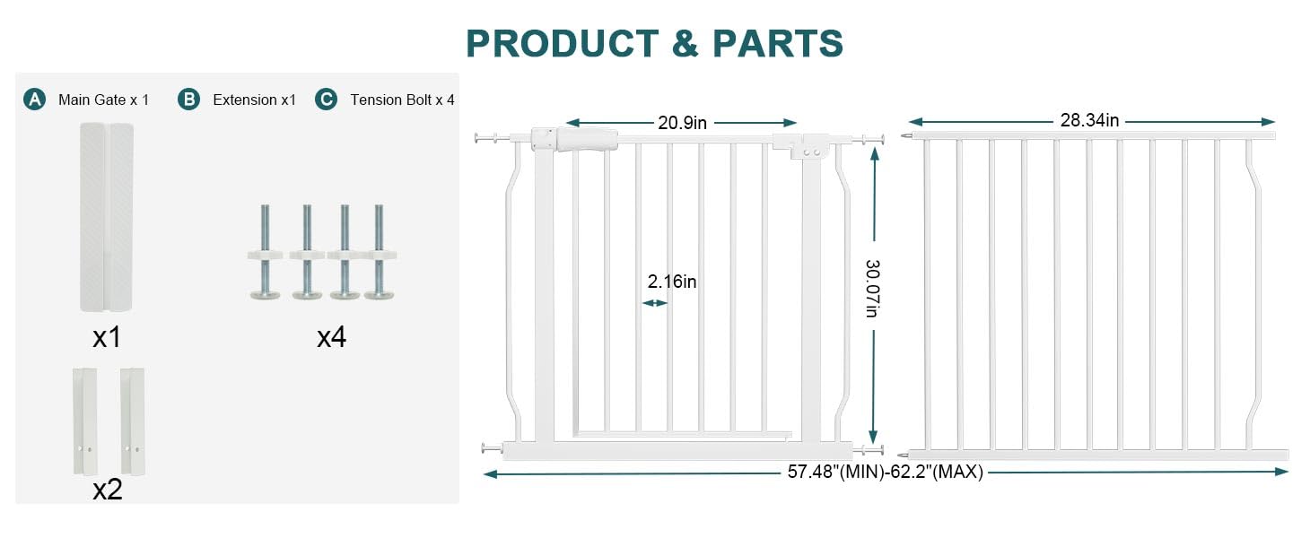 COSEND baby gate with double-lock system, easy for adults to operate, tough for kids.