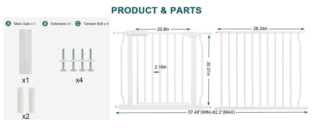 COSEND baby gate with double-lock system, easy for adults to operate, tough for kids.