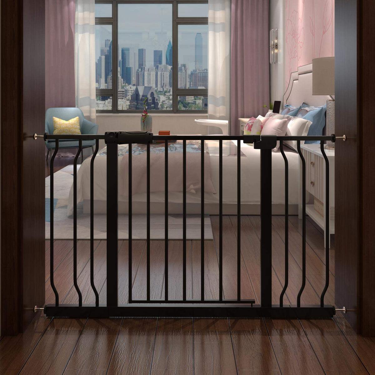 COSEND extra-wide baby gate matte black front view for doorways