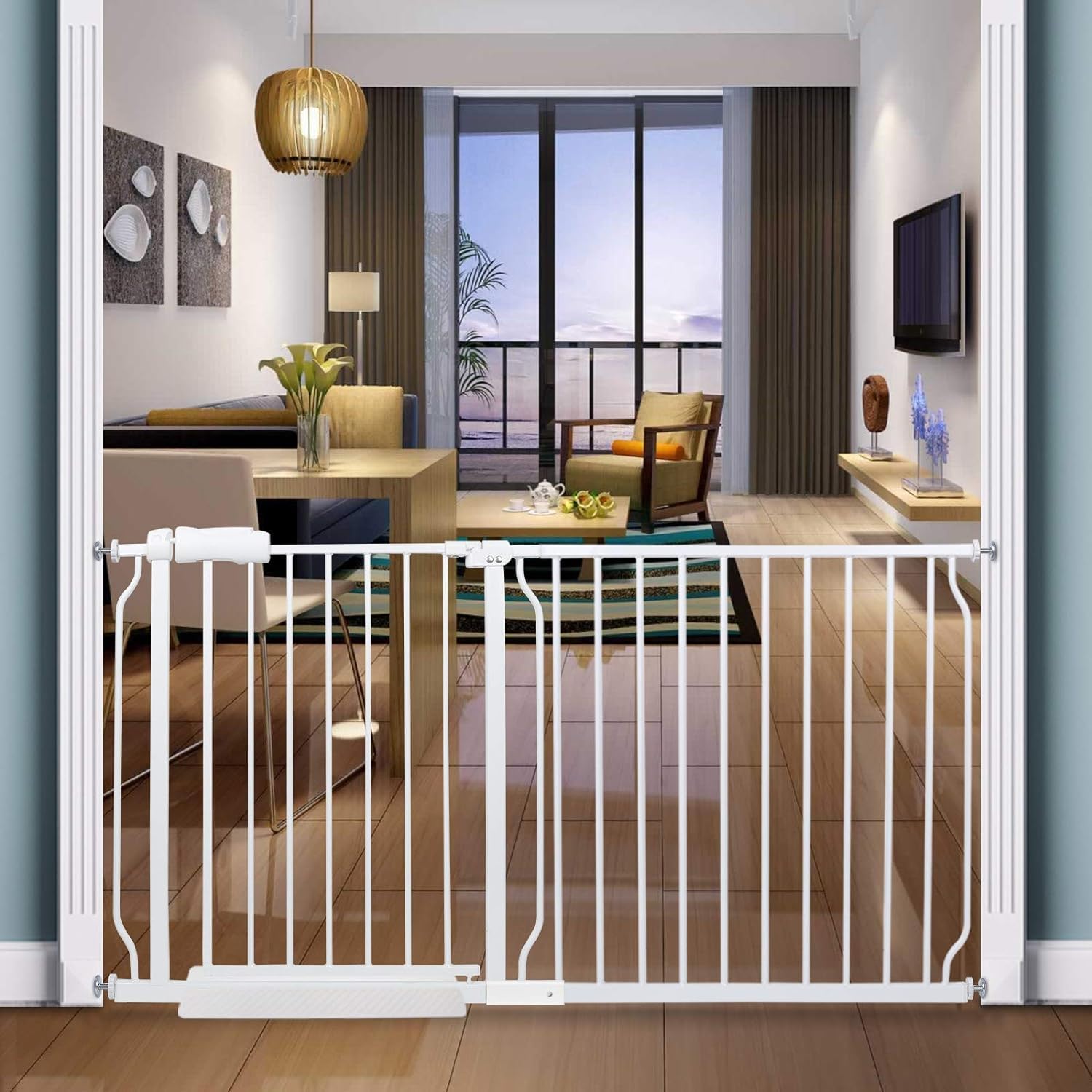 COSEND extra wide gate in white, closed, enhances doorway safety for children and pets.