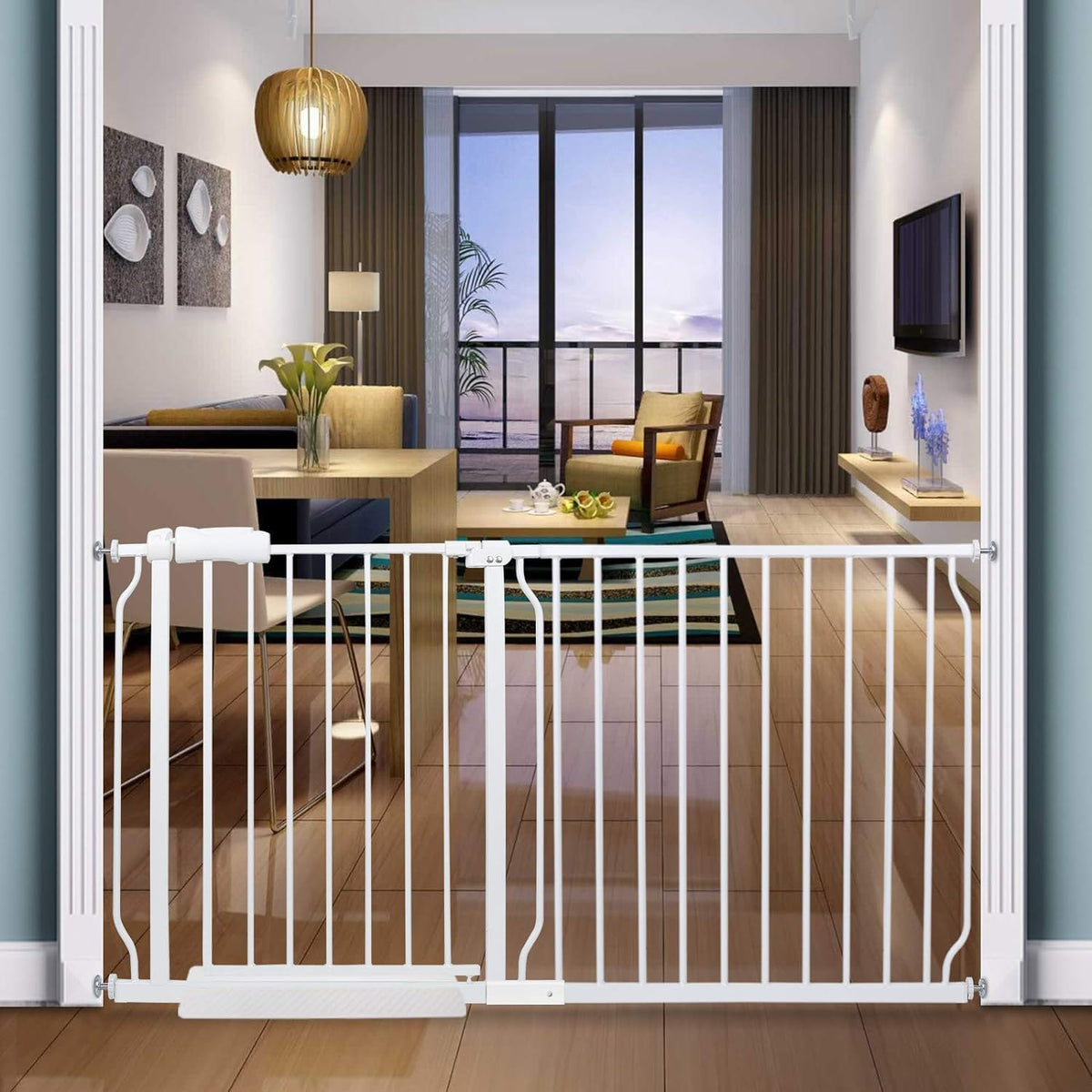 COSEND extra wide gate in white, closed, enhances doorway safety for children and pets.