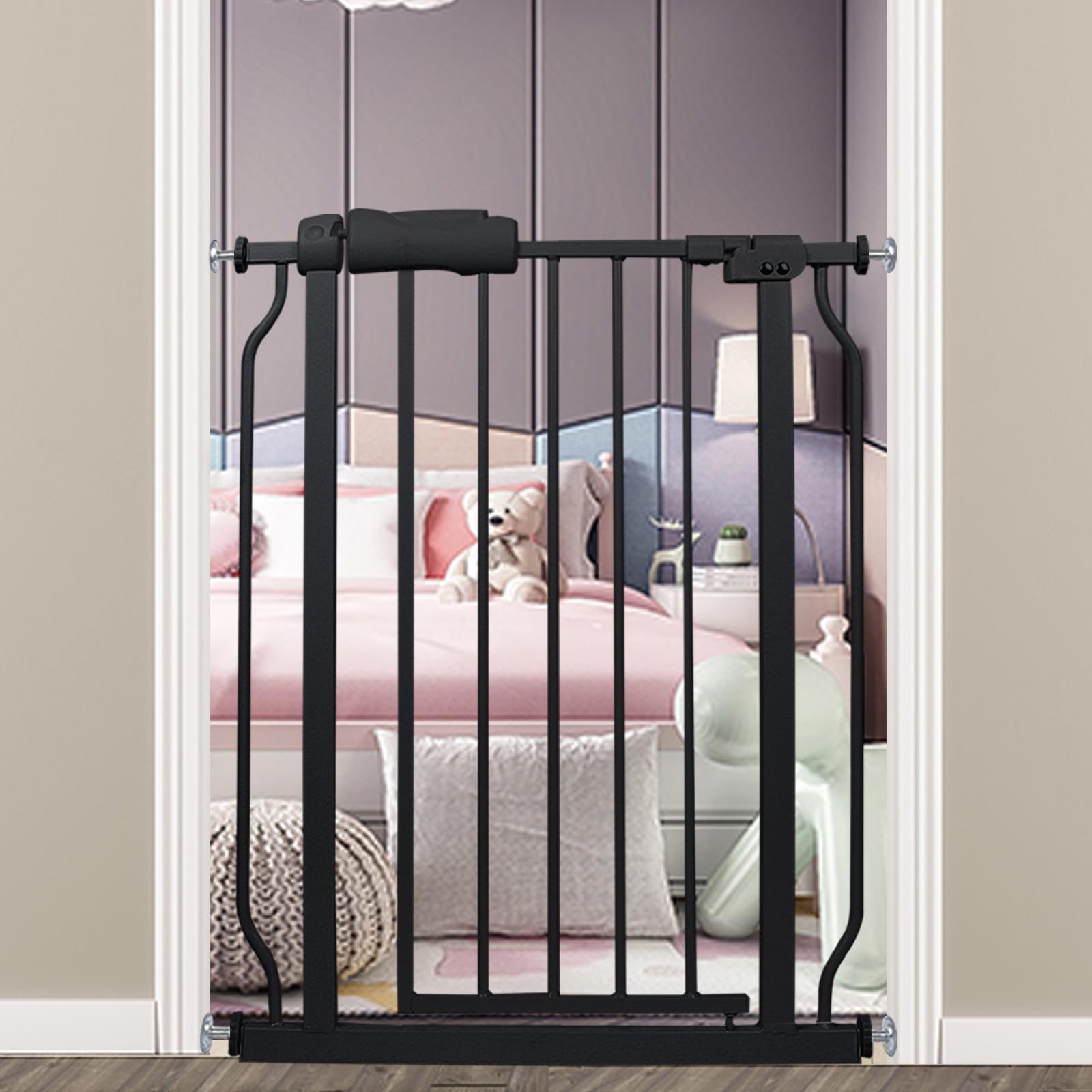 COSEND narrow walk-through gate closed view, sturdy steel barrier for kids and pets