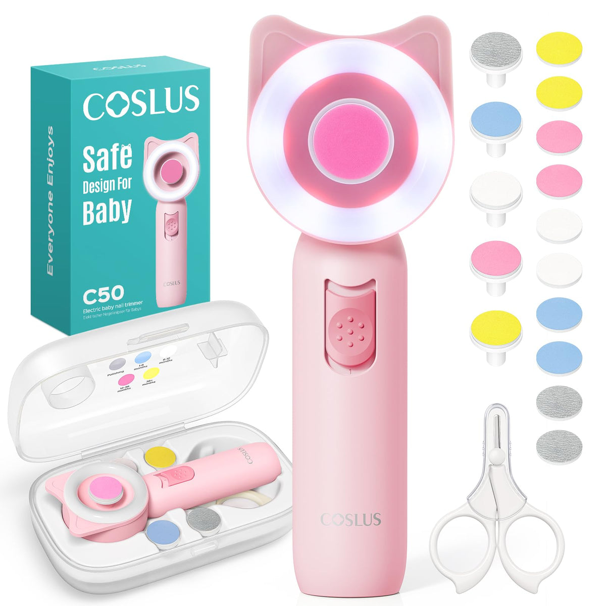 COSLUS baby nail file with 360° light for precise trims in dim rooms