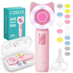 COSLUS baby nail file with 360° light for precise trims in dim rooms
