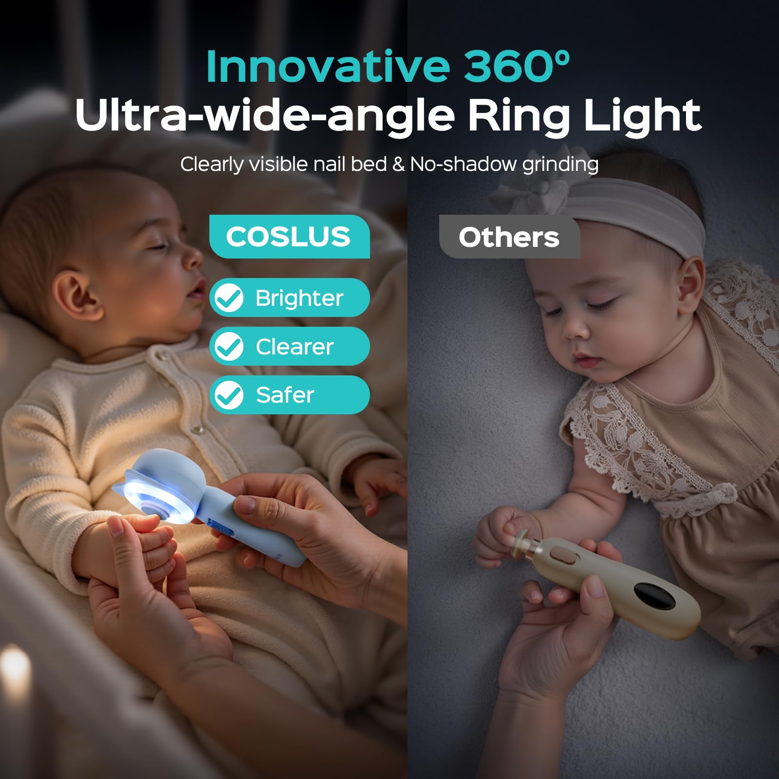 COSLUS 360-ring light provides shadow-free visibility for tiny nails in dim rooms.