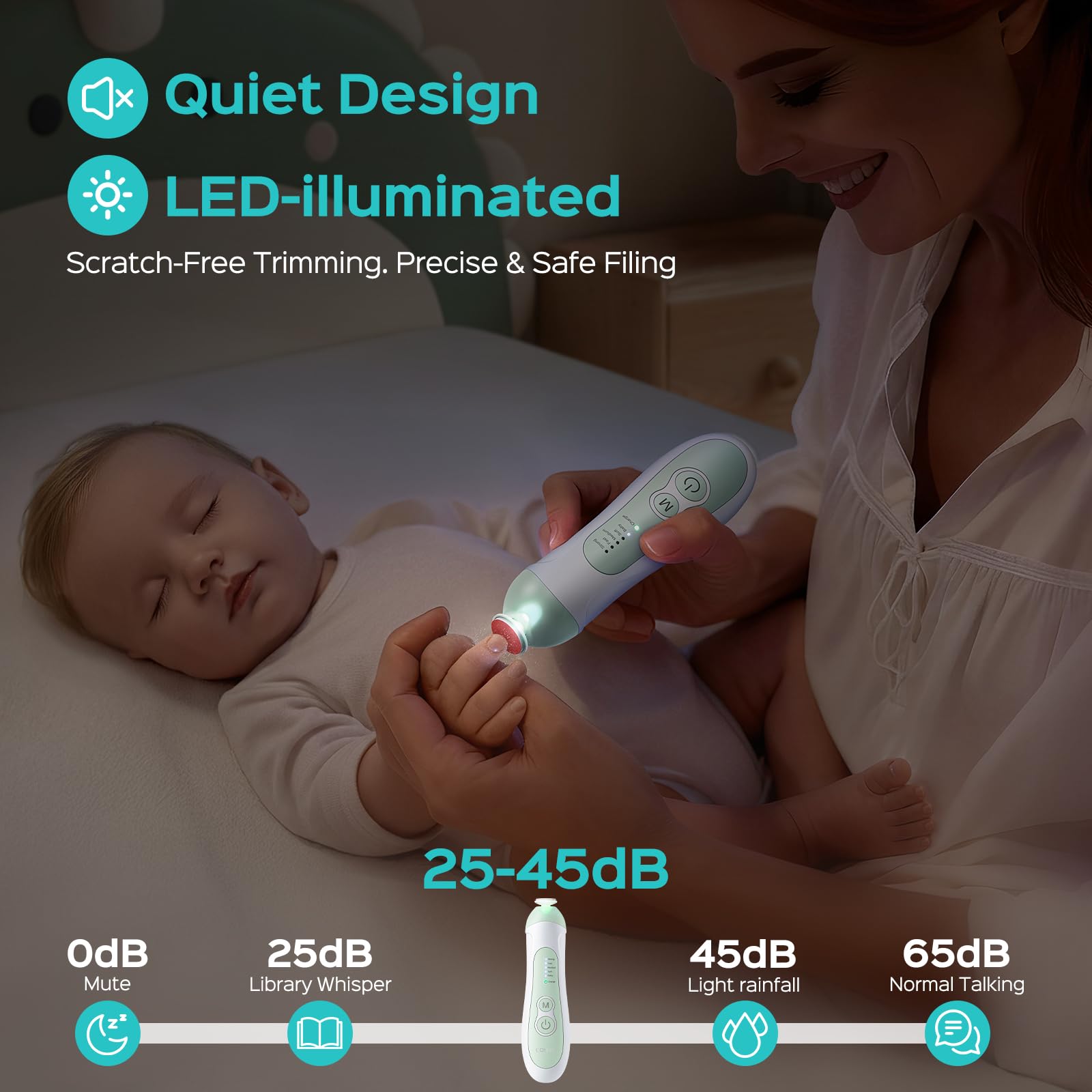 COSLUS baby nail file quiet operation and LED light for careful grooming