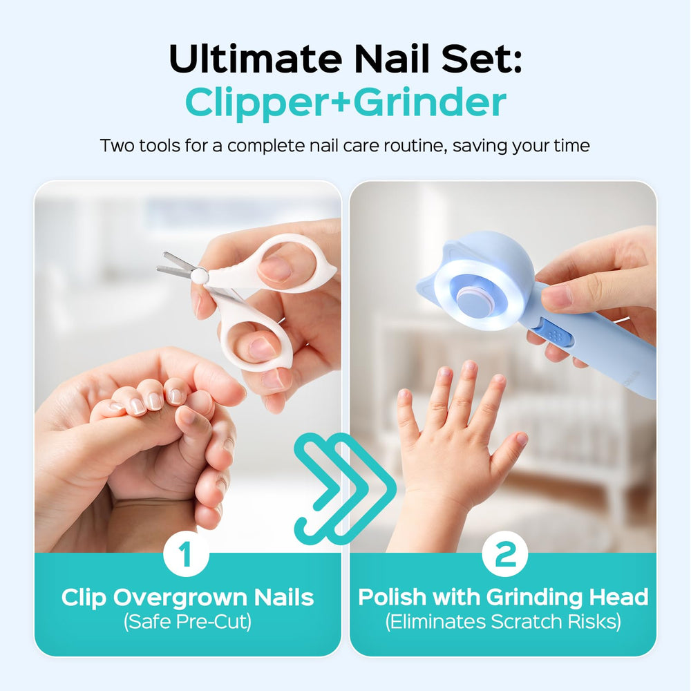 COSLUS baby nail grinder heads highlight smooth edges after trimming.