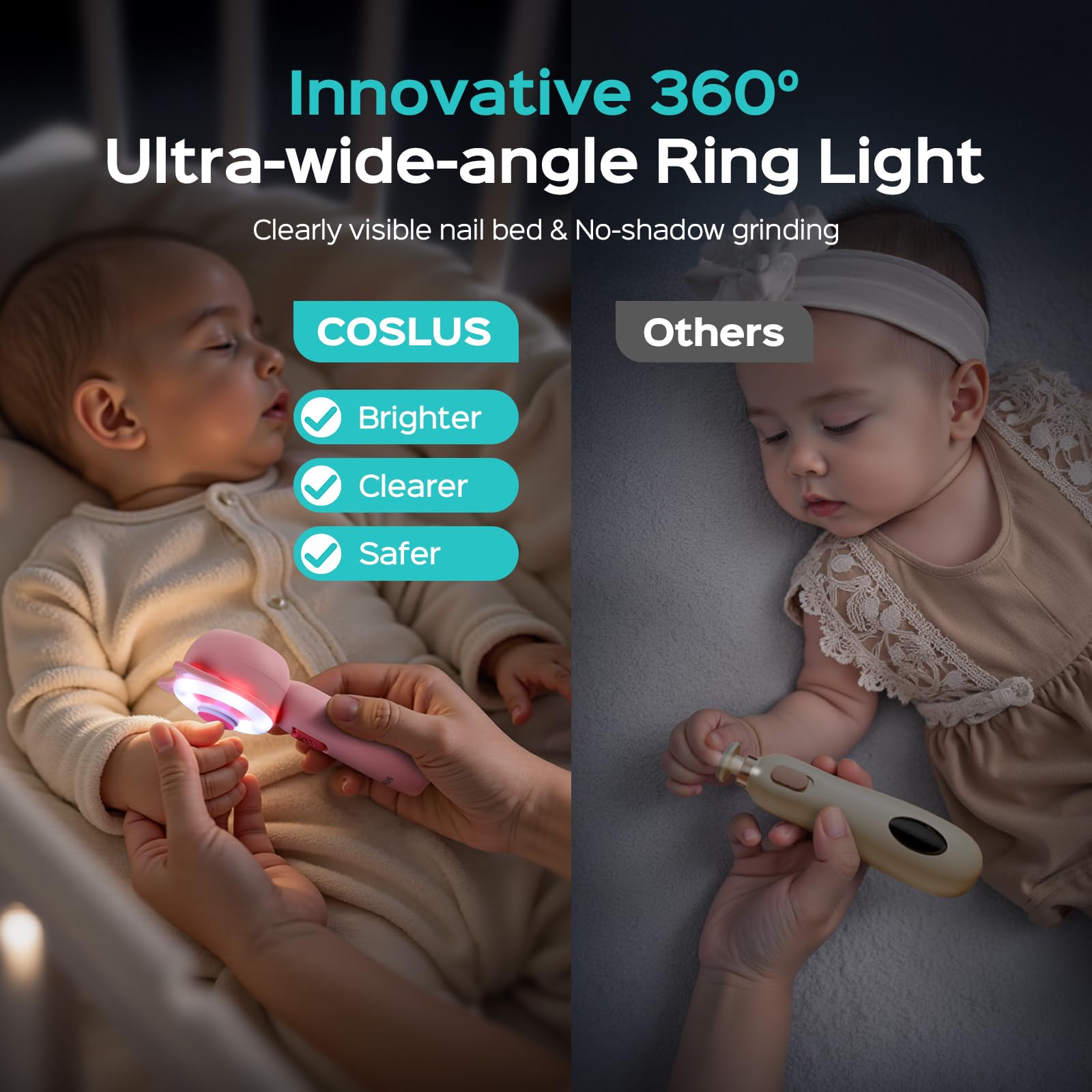 COSLUS baby nail trimmer operates quietly for peaceful sleep-time grooming