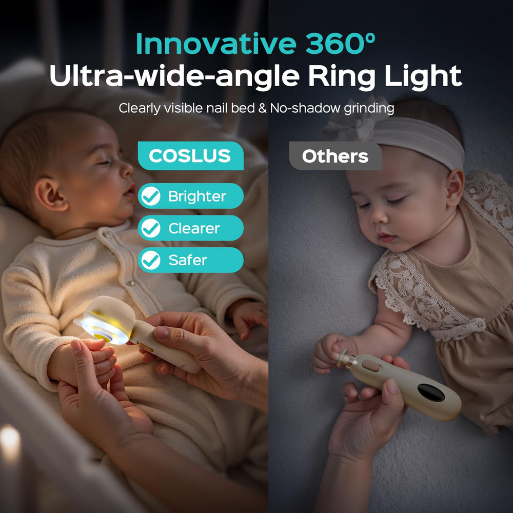 COSLUS baby nail trimmer operates quietly for nap-time grooming.