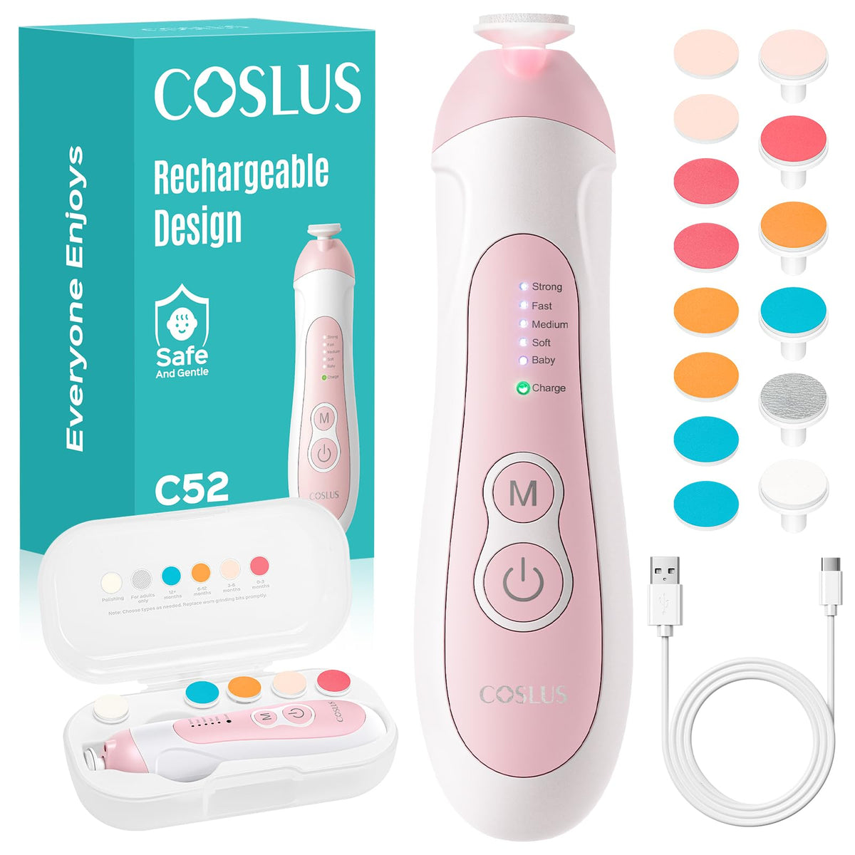 COSLUS rechargeable baby nail file cordless design for safe on-the-go grooming.