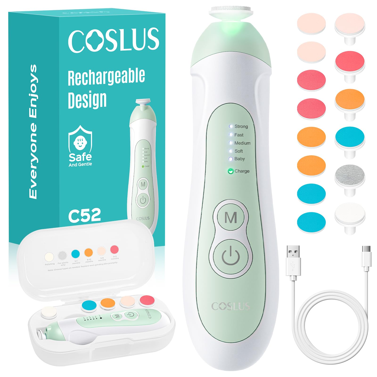 COSLUS rechargeable baby nail file unboxed with complete kit for gentle, family-safe grooming