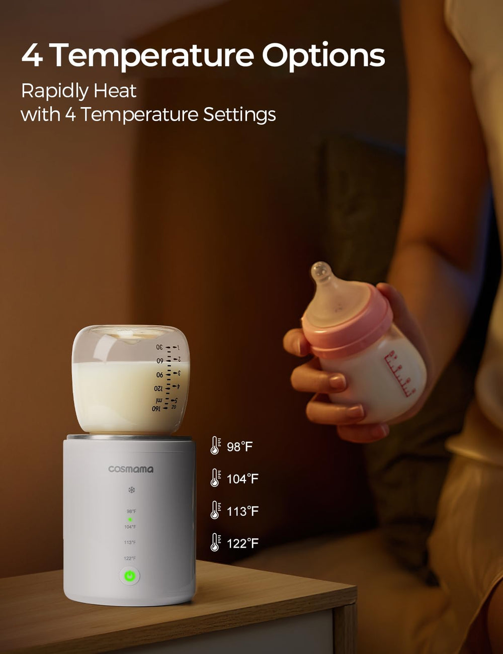 Cosmama cordless rechargeable battery highlighted, ideal for travel and uninterrupted warmth.