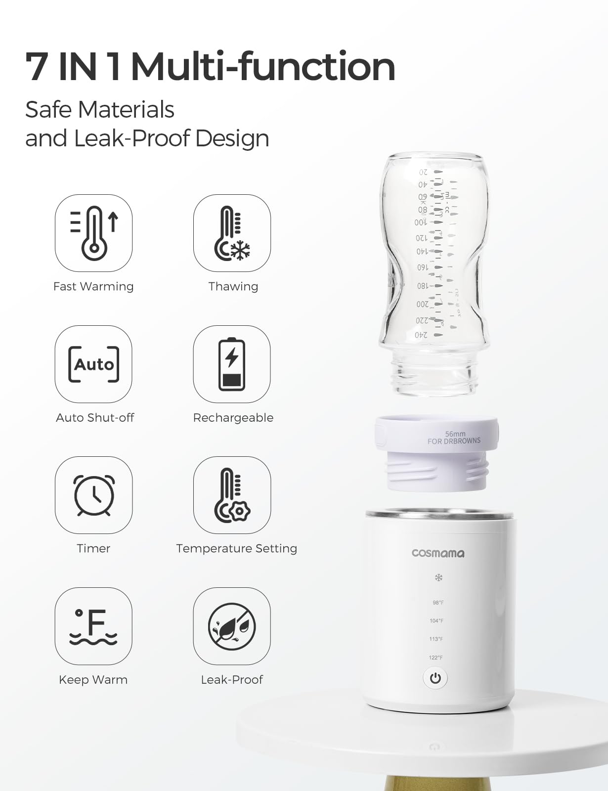 Cosmama with feeding bottle kit shown, ready for quick bottle warming anywhere.