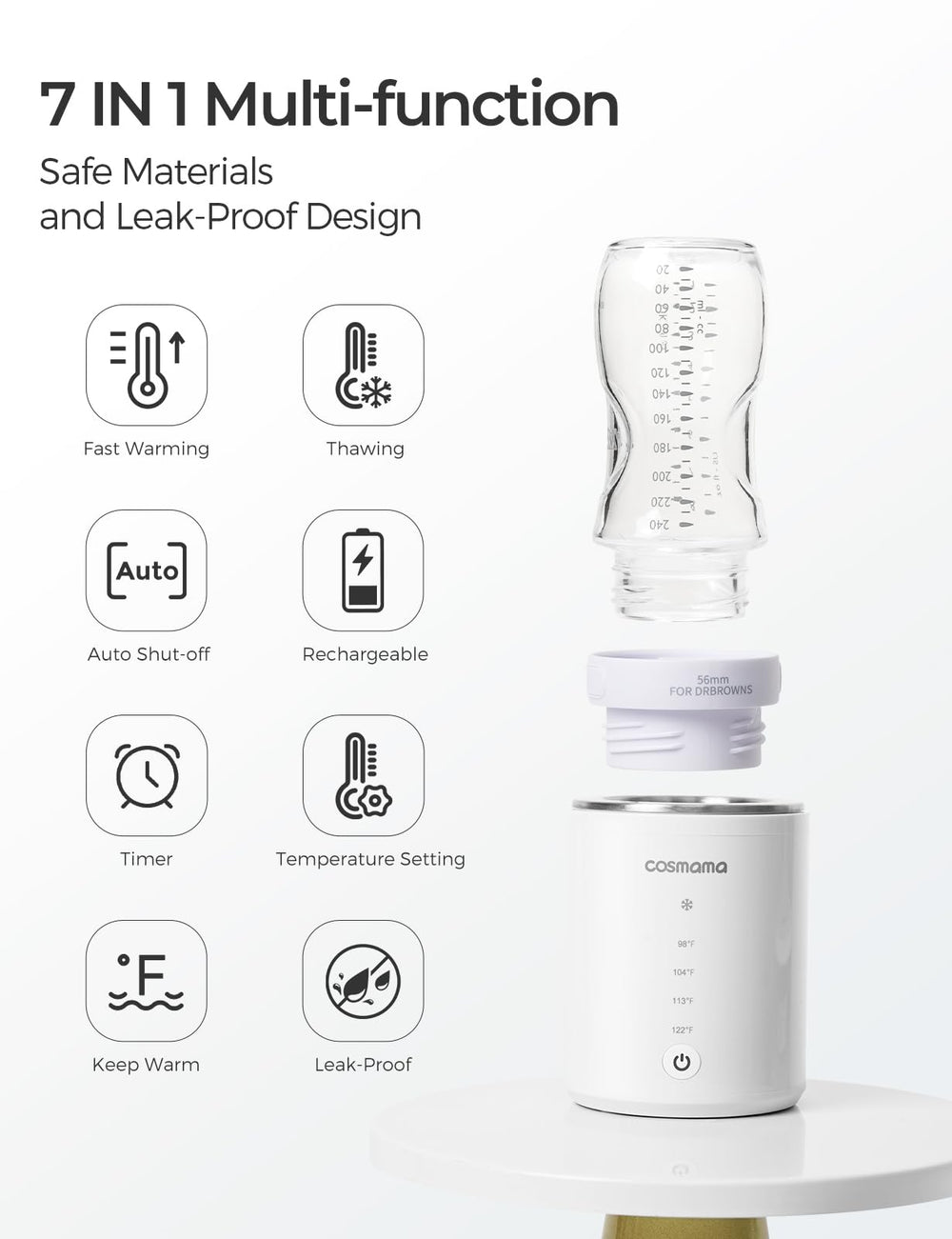 Cosmama with feeding bottle kit shown, ready for quick bottle warming anywhere.