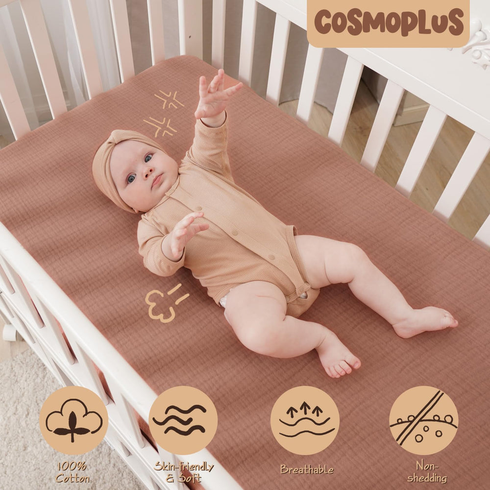 COSMOPLUS Muslin Crib Sheets close-up shows breathable, soft fabric gentle on baby skin.