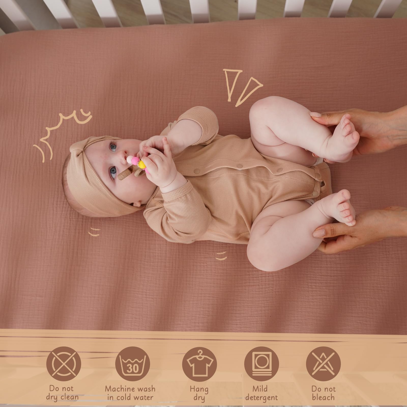 COSMOPLUS Muslin Crib Sheets in neutral boho colors suitable for daily swaps.