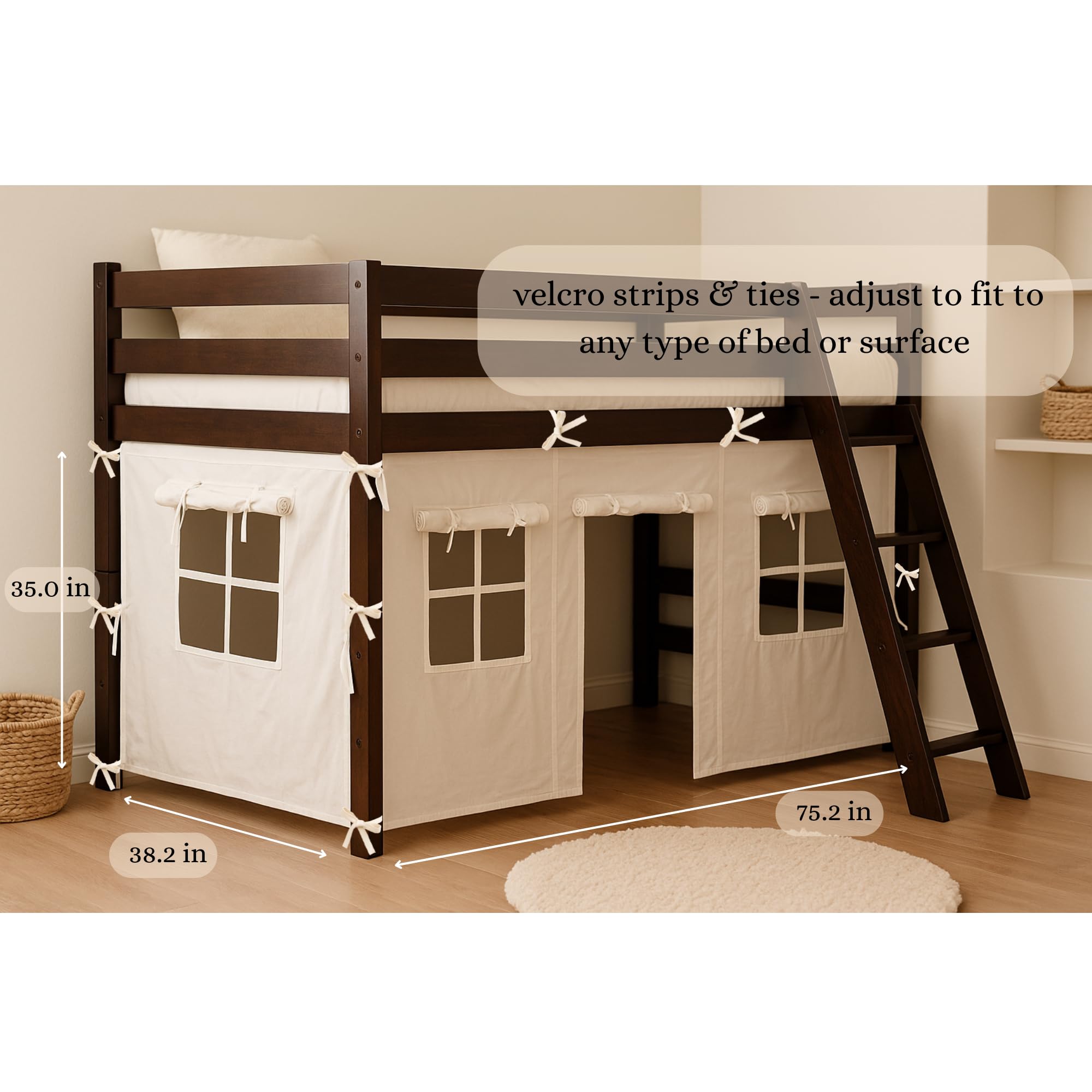 Cosmos & Poppy Wonder Nook bunk bed setup image illustrates quick, simple installation.