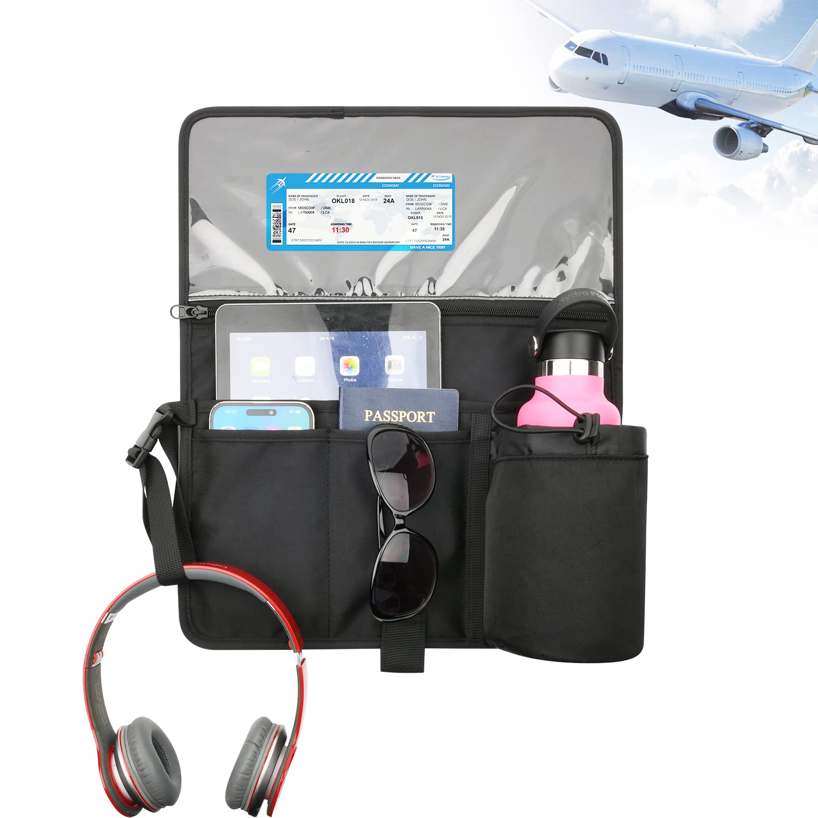 Cosmos seatback organizer in-flight use showing organized essentials
