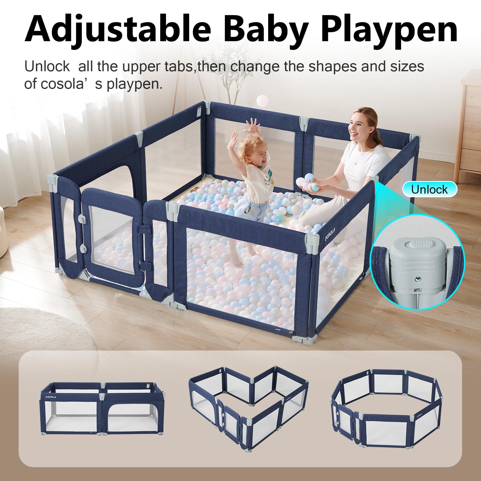 Cosola baby playpen door-entry blue shows easy in-and-out access for toddlers.