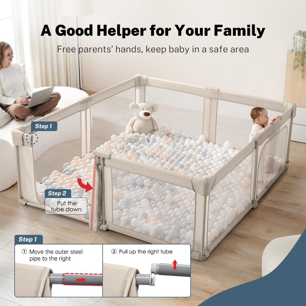 Cosola foldable playpen demonstrates tool-free setup for busy parents.