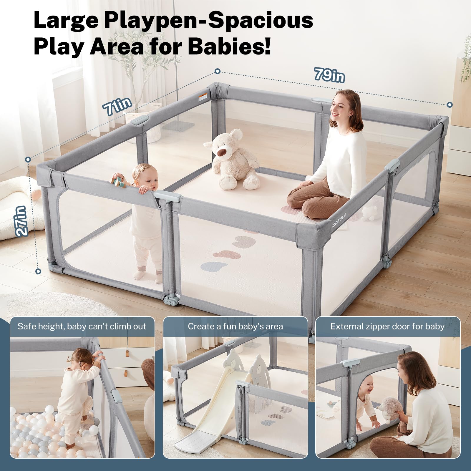 Cosola baby playpen folded compact demonstrates portable storage for travel.