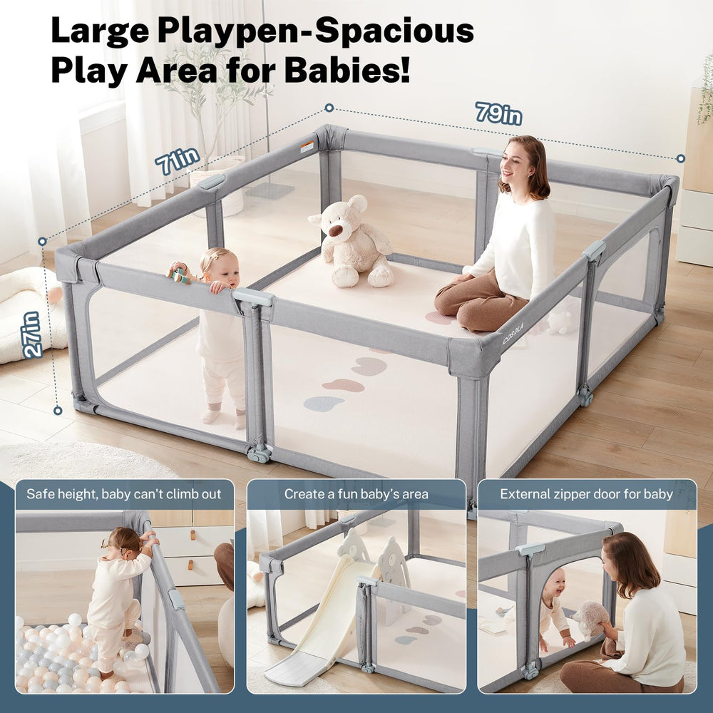 Cosola baby playpen folded compact demonstrates portable storage for travel.