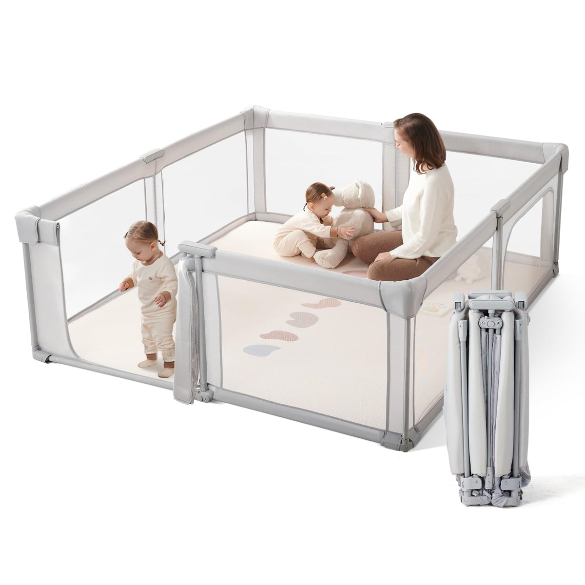 Cosola baby playpen full area in grey provides ample space for babies to explore.