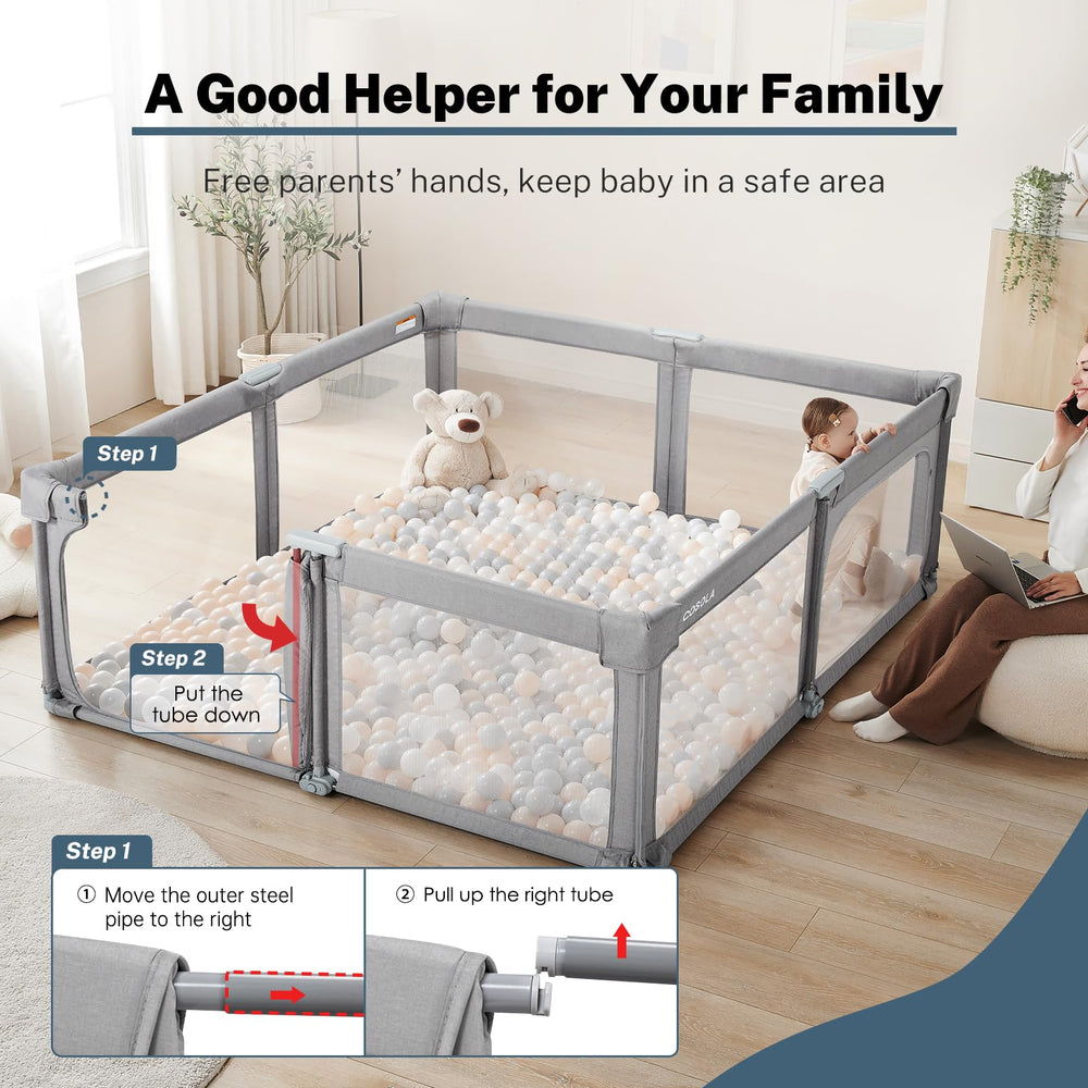 Cosola baby playpen interior measures 79 by 71 inches for multiple babies.