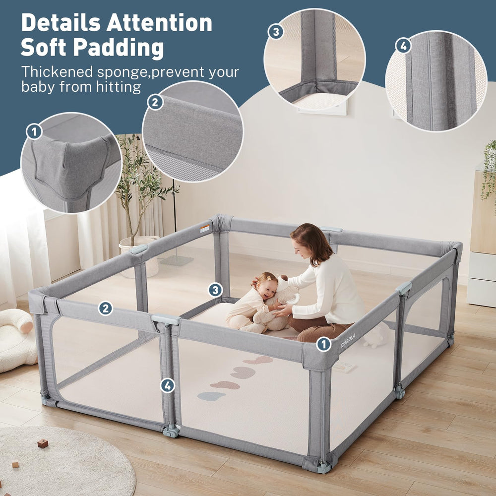 Cosola baby playpen safety features highlight external zipper door and protective corners.