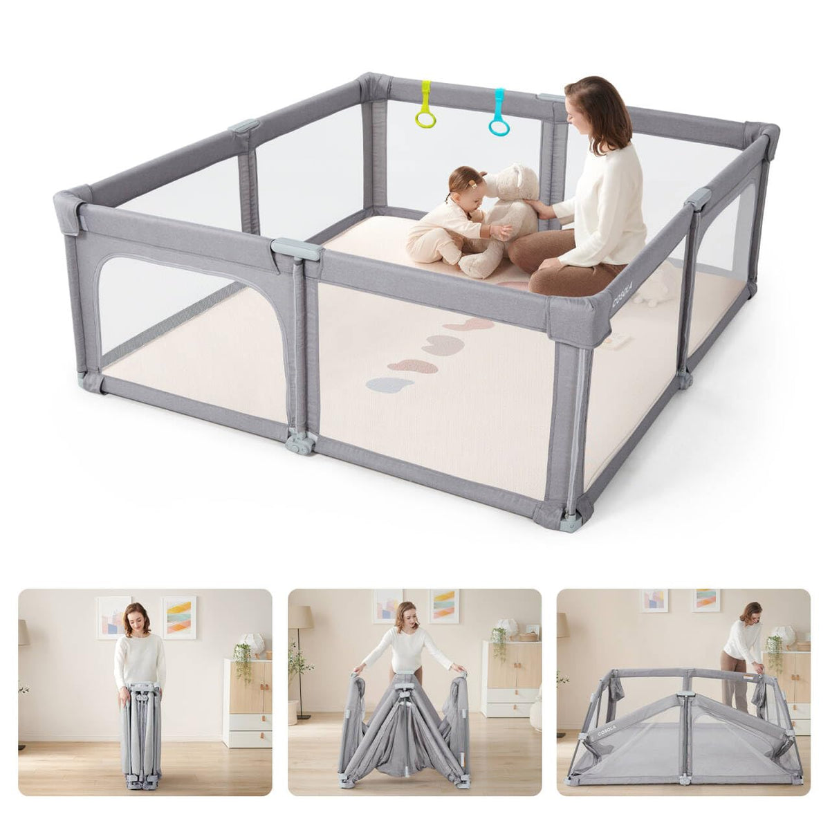 Cosola baby playpen setup view with sturdy frame and suction cups for a secure area.
