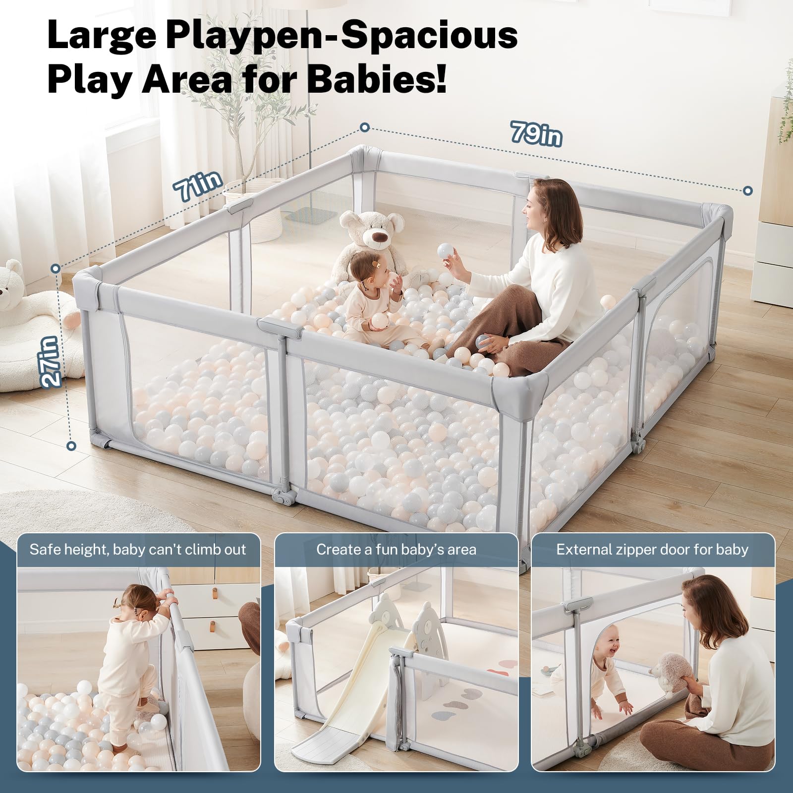 Cosola baby playpen zipper door highlights pet and furniture protection during play.