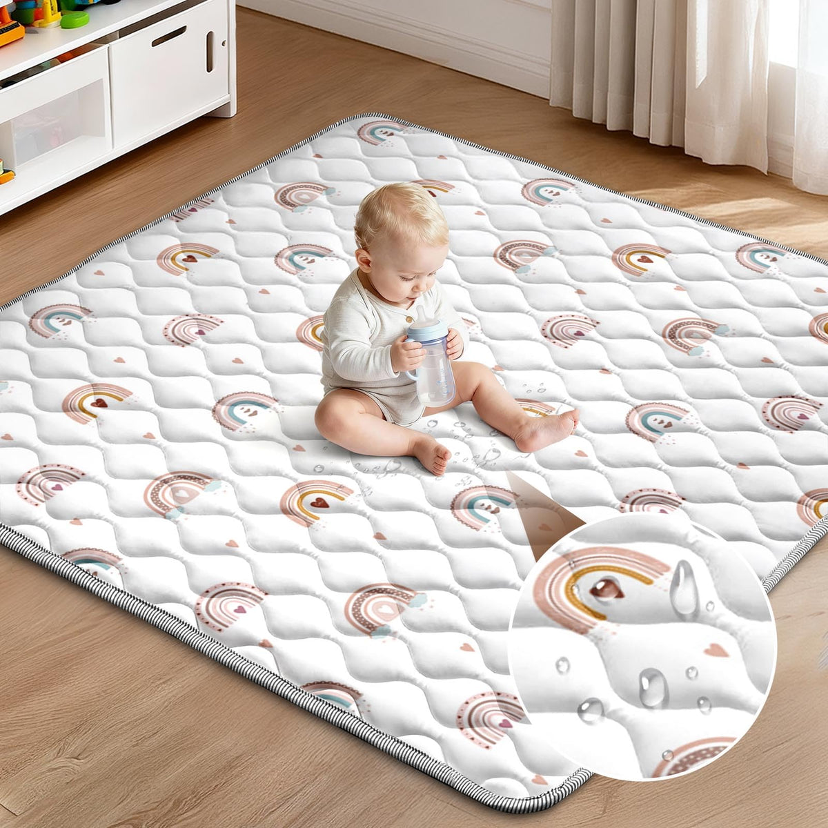 Cosovia Baby Play Mat Rainbow provides spacious tummy time area on Wood floor