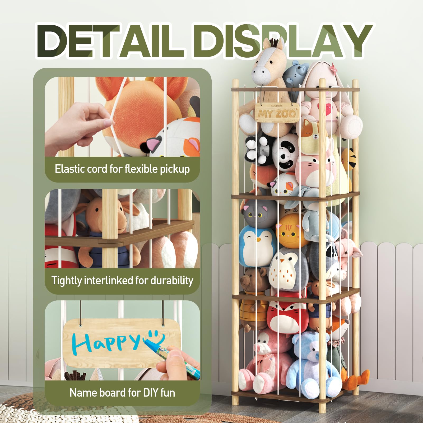 Costoso stuffed animal storage large capacity holds over 40 plush toys in a tall, organized display