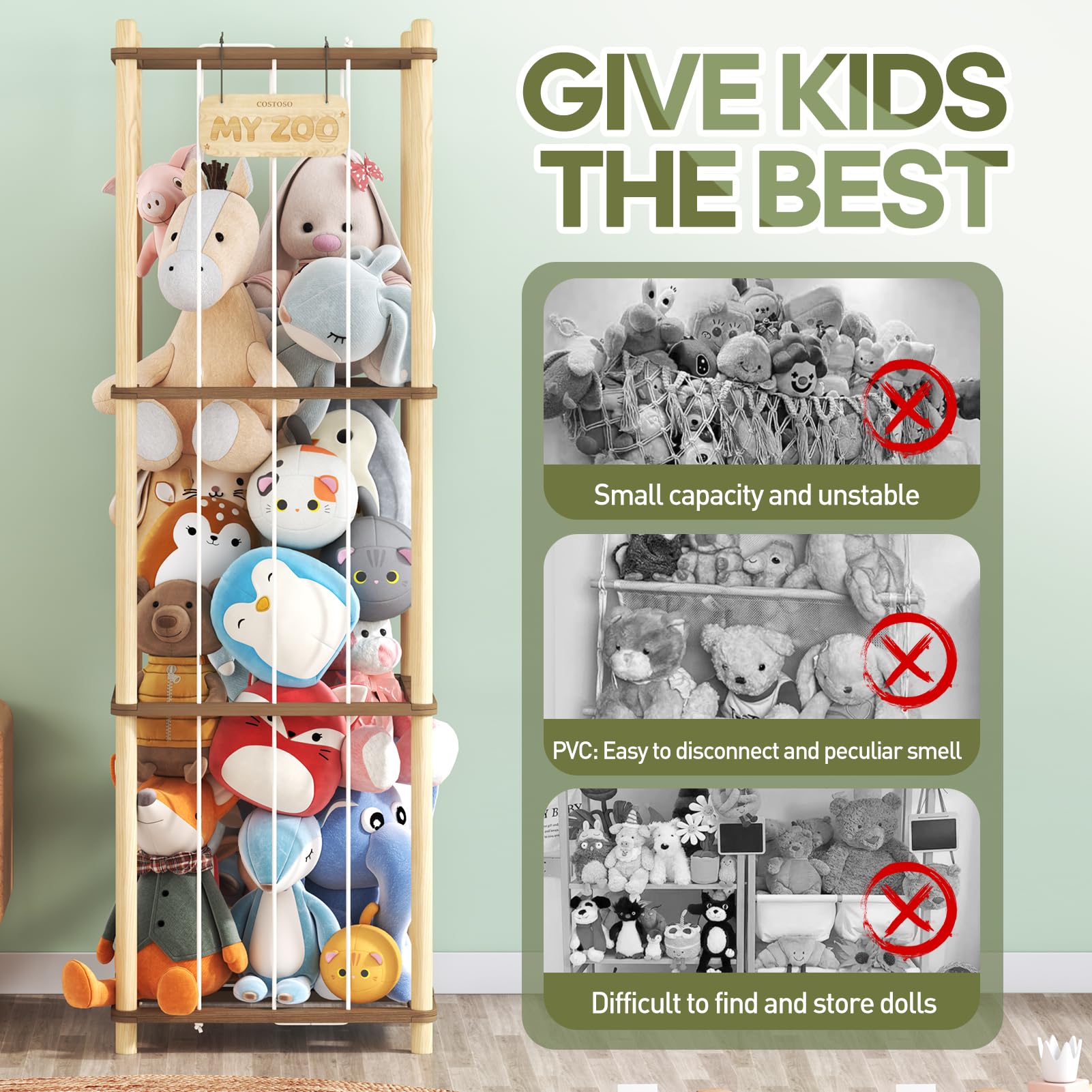 Costoso stuffed animal storage New Zealand pine wood construction with smooth edges for safety
