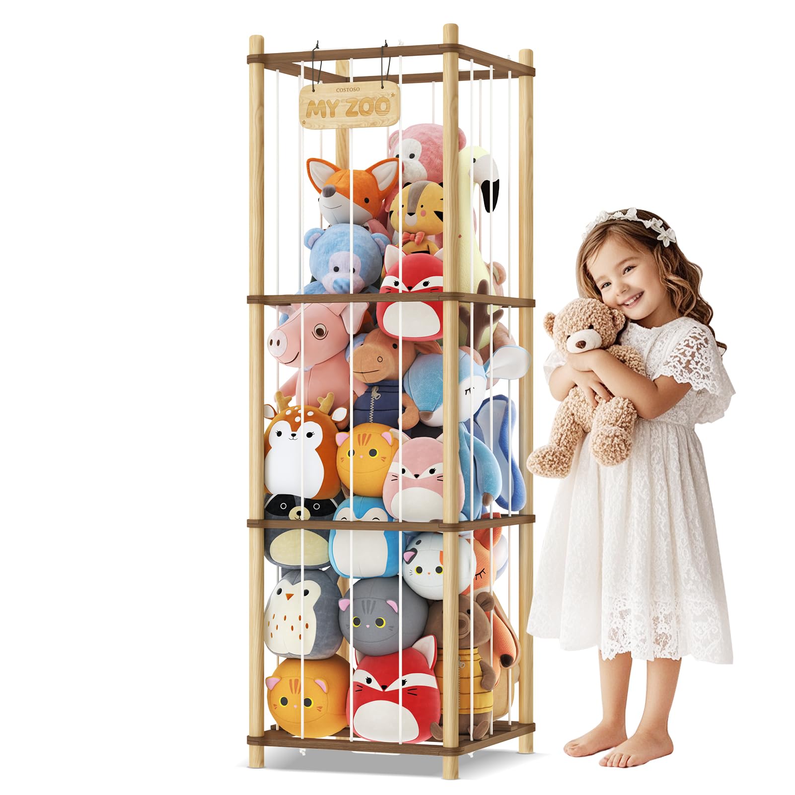 Costoso stuffed animal storage open cage design shows plush toys ready for display and access