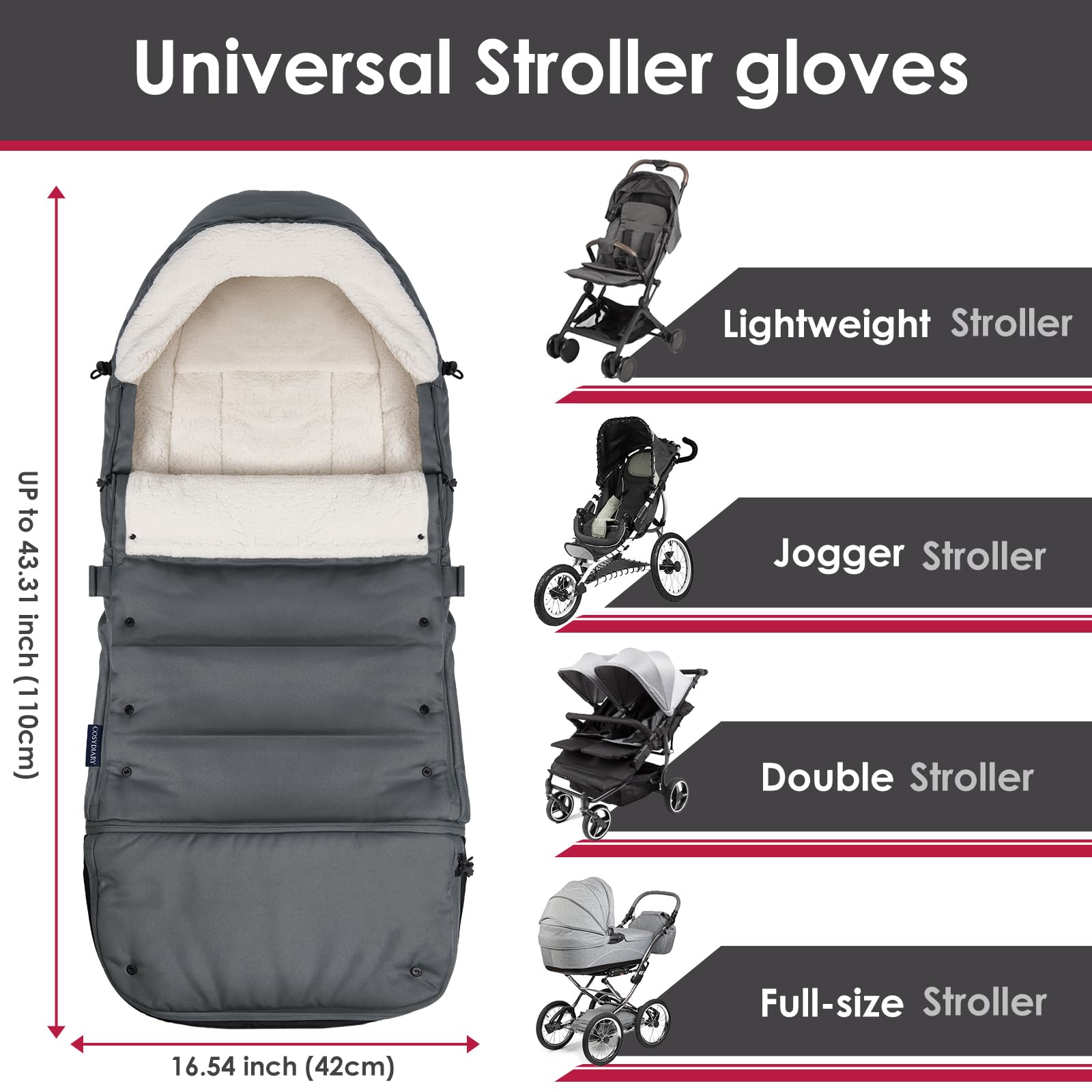 CosyDiary 5-point harness slots highlight secure, versatile compatibility across strollers.
